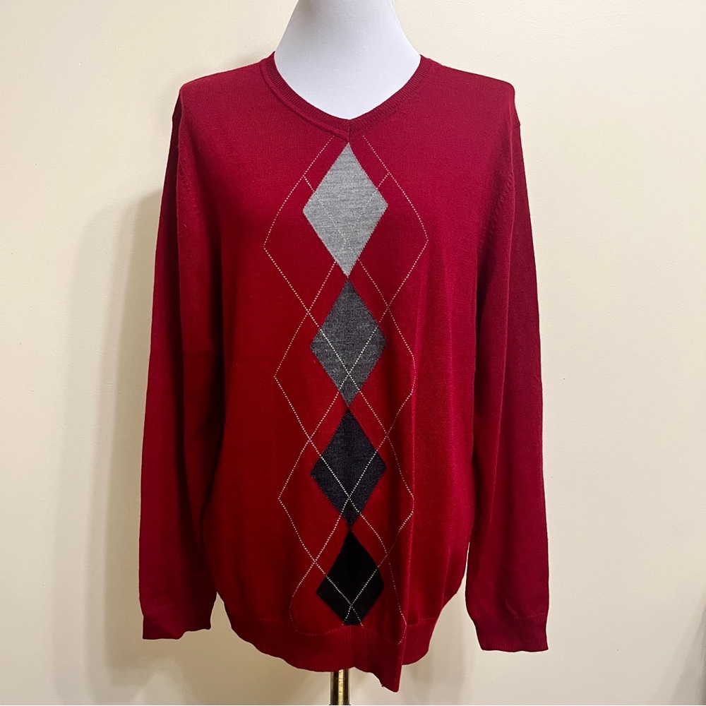 APT.9 Merino Wool Men's Red Argyle Sweater Size L